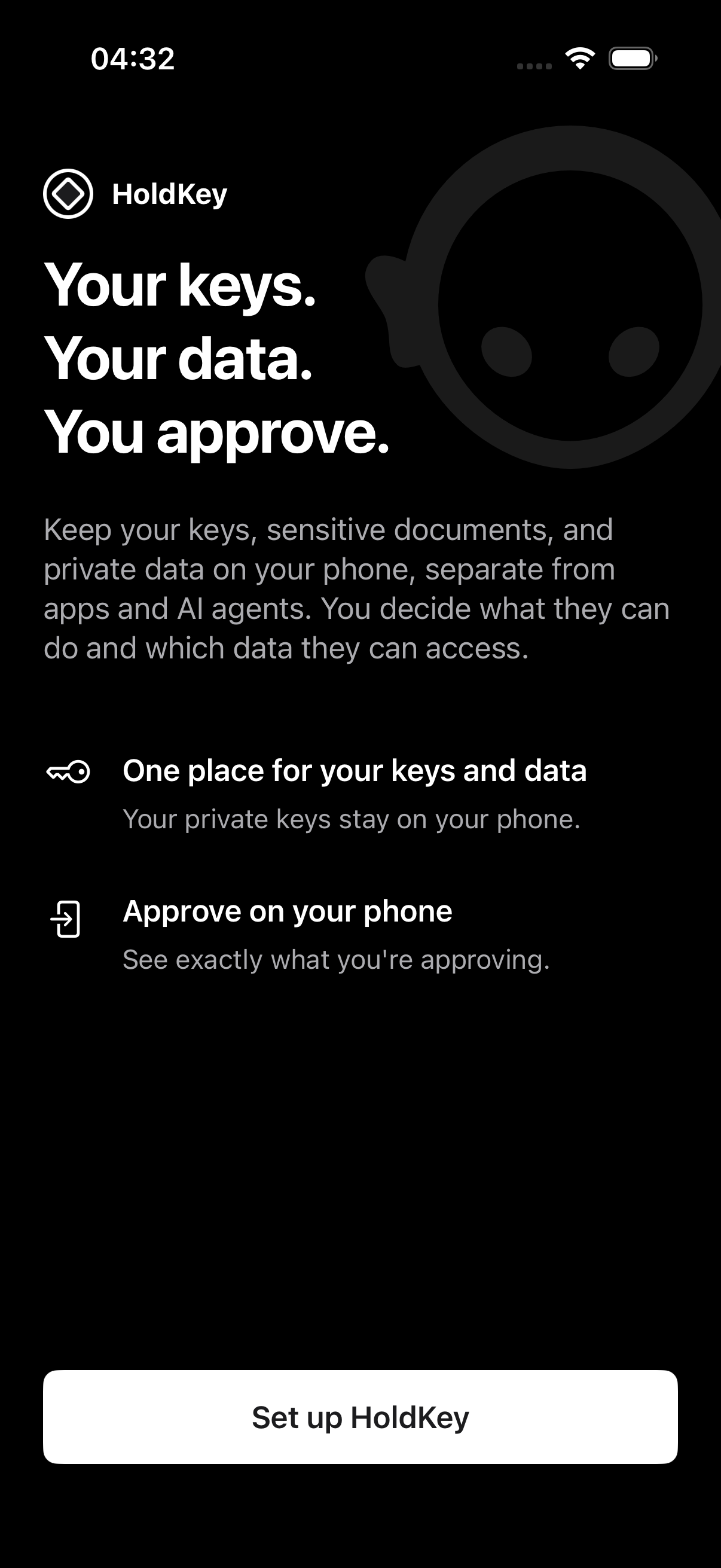 HoldKey iPhone prototype in dark mode: Your keys. Your data. You approve. Keep keys and private data on your phone and approve access there.