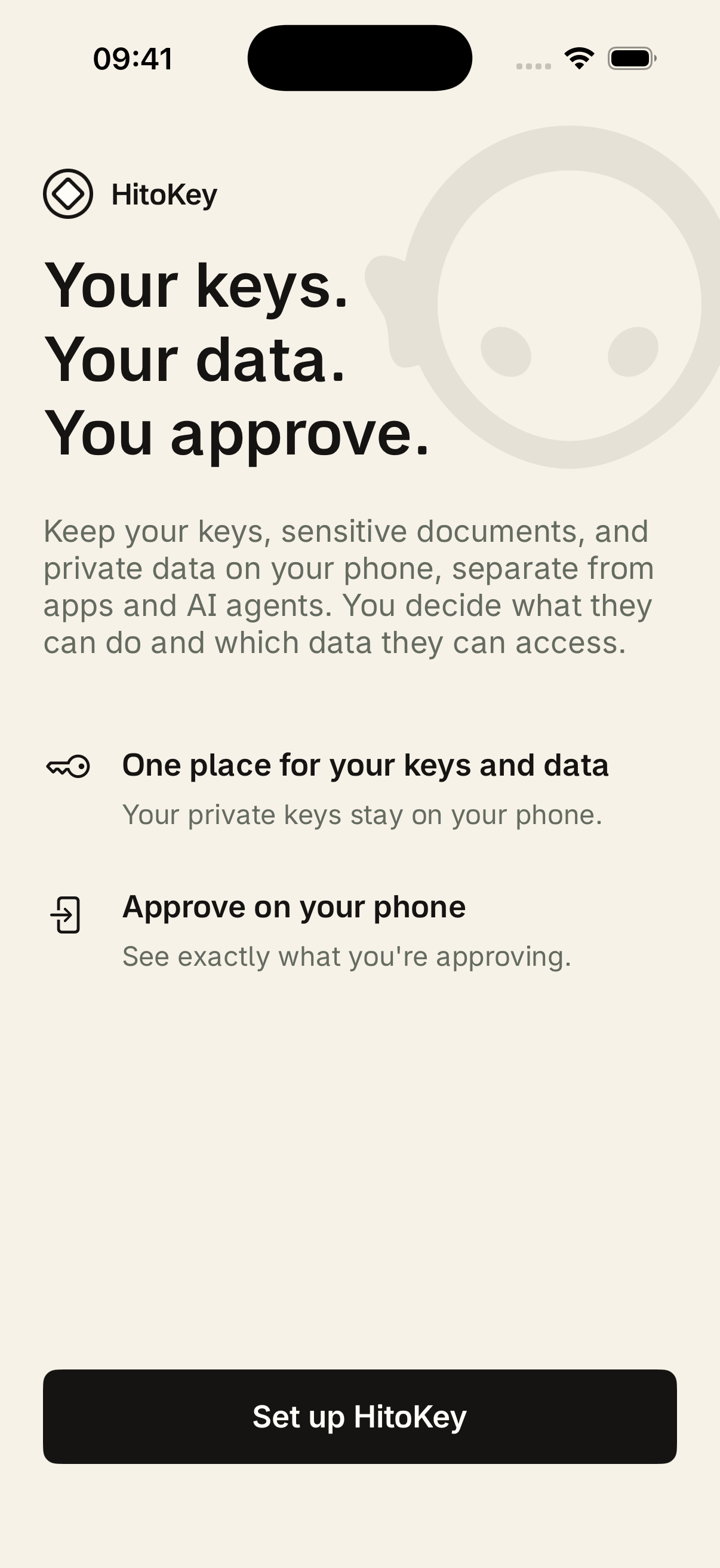 HitoKey onboarding prototype introducing keys and private data kept on your phone, with approval on the phone